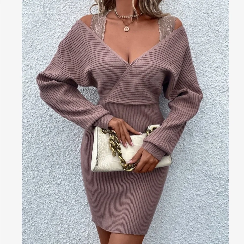 Elegant Contrast Lace Cold Off the Shoulder Dolman Sleeve Ribbed Sweater Dress - Picture 4 of 6